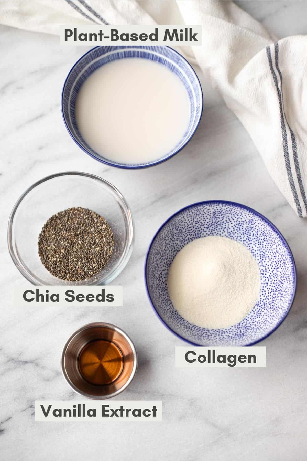 Four bowls filled with the recipe ingredients.